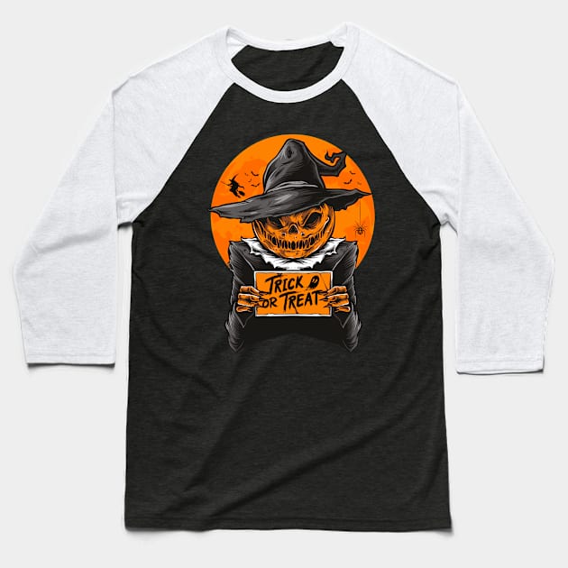 Halloween Scary Pumpkin Trick or Treat Witch Baseball T-Shirt by Macphisto Shirts